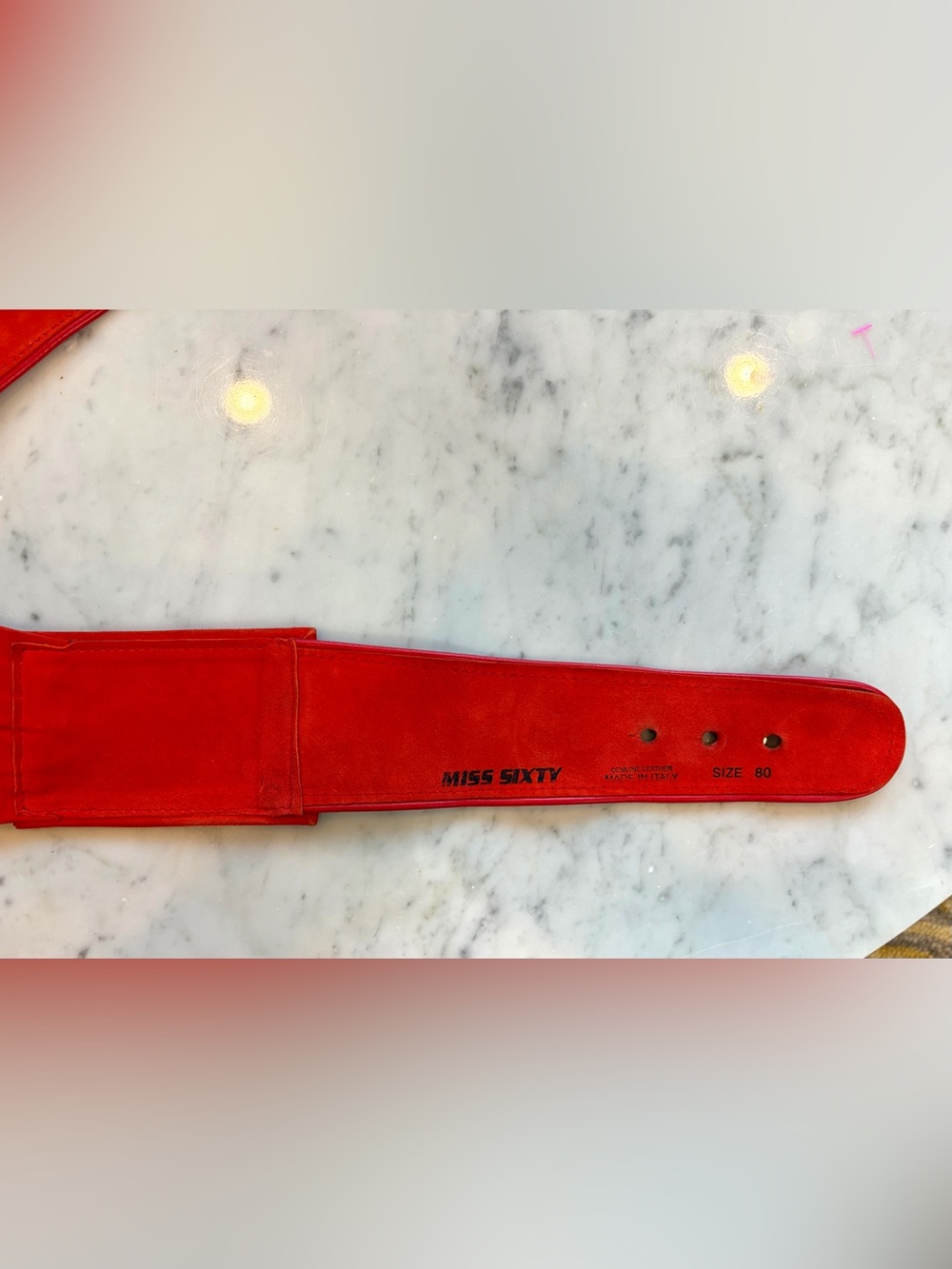 Miss Sixty VTG suede cummerbund belt, disco panels, peg/hole, 4”w, 31-34”, red - Picture 11 of 15